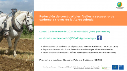 AEEU Webinar on ‘Fossil fuel reduction and carbon sequestration through Agroecology’ held on Monday 22nd of March 2021 from 18:00-19:30 (peninsular time) in Spanish on SEAE Facebook page